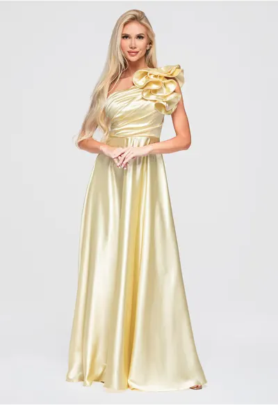 Rochie maxi cu decolteu asimetric - drapare si falbana pentru evenimente LA-OM-DLR362 - Galben