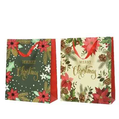 Punga de cadou - Gold Glitter Poinsettia Design, 32 cm - mai multe culori