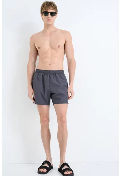 Pantaloni scurti de baie cu talie elastica si model uni - Gri inchis