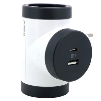 Fisa cu prize multiple cu 2 iesiri laterale rotative cu USB A+C alb negru