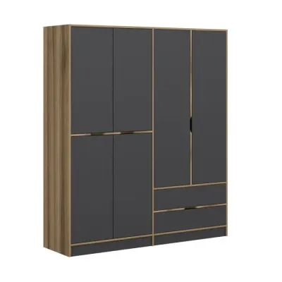 Dulap ELINA, 6 usi, 2 sertare, antracit + auriu, 185x52x208 cm