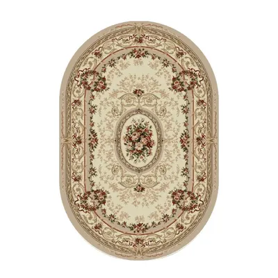 Covor Oval, 100 x 200 cm, Crem / Bej, Model Floral Lotos