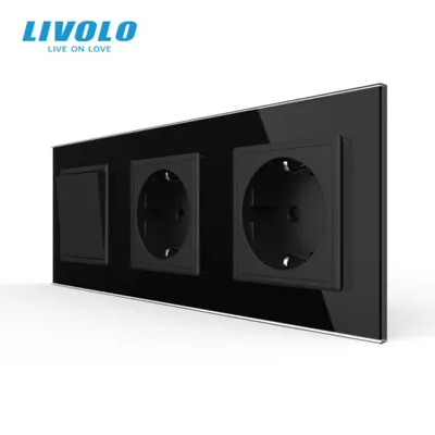 Intrerupator mecanic simplu + priza Schuko + priza Schuko, cap / scara, cu rama sticla Negru