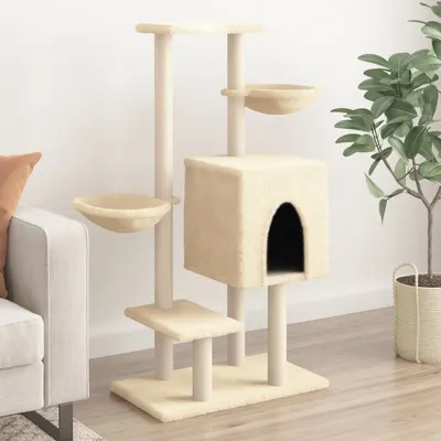 vidaXL Ansamblu pisici cu stâlpi de zgâriere, crem, 117 cm, sisal