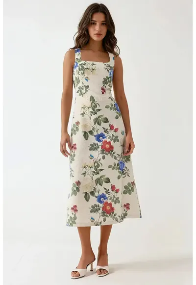 Rochie maxi - imprimeu floral - multicolor - material textil