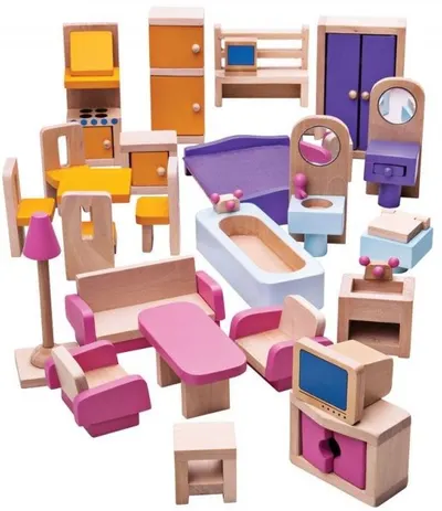 Set din lemn Bigjigs - Mobilier pentru casuta de papusi