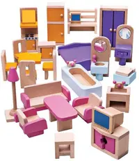 Set din lemn Bigjigs - Mobilier pentru casuta de papusi