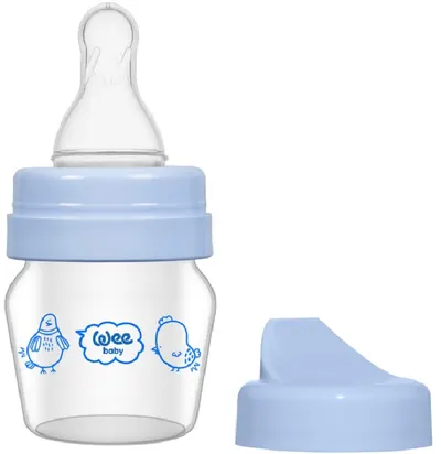 Biberon din sticla Wee Baby Mini, cu 2 varfuri, 30 ml, albastru