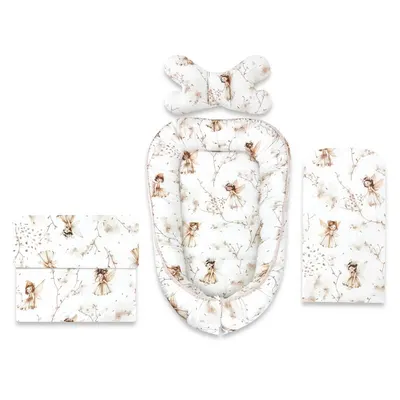 Set 4 in 1 Cosulet bebelus, MimiNu, Baby Cocoon 75x55 cm, Husa bumbac, Din bumbac certificat Oeko Tex Standard 100, Cu paturica 50x70 cm, Cu salteluta, Cu perna fluture, Fairy
