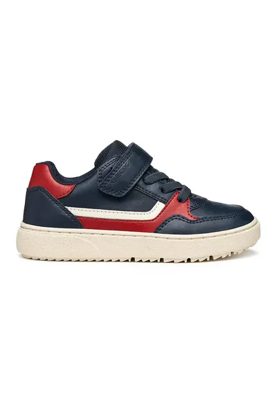 Pantofi sport de piele ecologica cu logo si velcro - Albastru inchis/Rosu vermillion