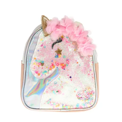 Rucsac unicorn cu design jucaus si aplicatii florale roz