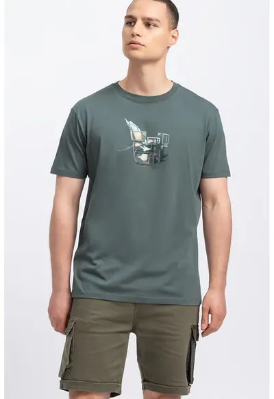 Tricou unisex cu imprimeu pe piept - Verde inchis