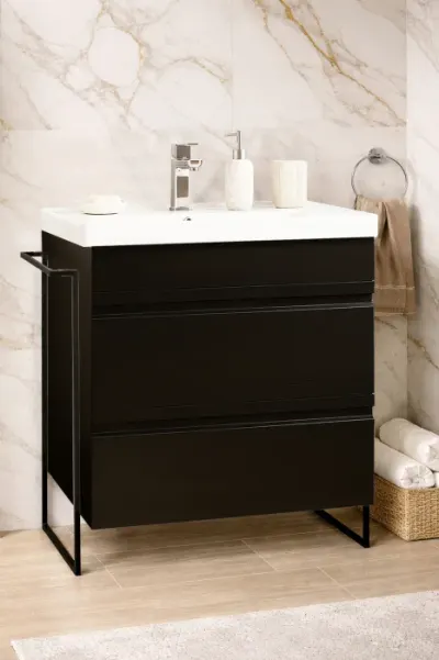 Set Baza front MDF si Lavoar seria 786, cadru metalic, cu sertare, montata, 70 cm, negru