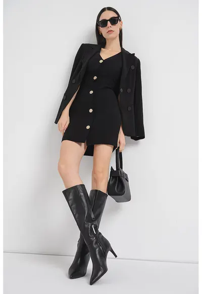 Rochie-vesta cu decolteu in V - Auriu/Negru