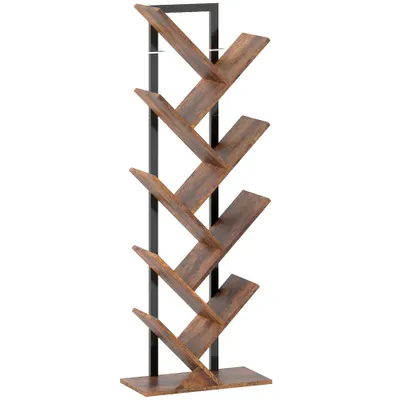 HOMCOM Bibliotecă în formă de copac cu 9 niveluri, corp de depozitare industrial cu cadru din oțel, 50x24x136cm, Maro rustic | Aosom Romania