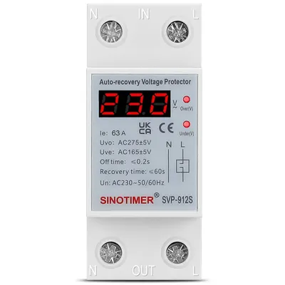 Protectie la supratensiune reglabila pe sina DIN, reconectare automata, Sinotimer, SVP-912S-63A