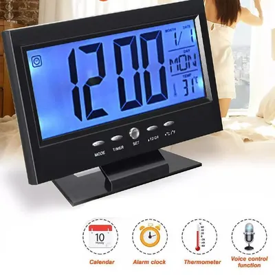 Ceas cu ecran LCD si control vocal, Argintiu/Negru