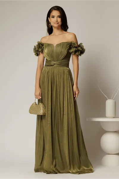 Rochie lunga de ocazie olive din voal peliculizat cu aplicatii florale 3D