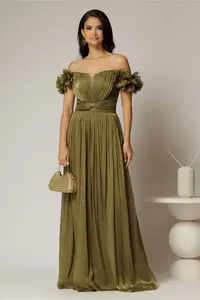 Rochie lunga de ocazie olive din voal peliculizat cu aplicatii florale 3D