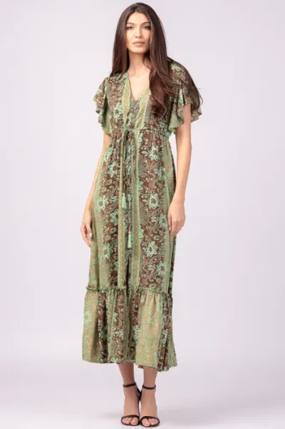 Rochie lunga cu volan si imprimeu floral, din matase indiana verde menta - maro