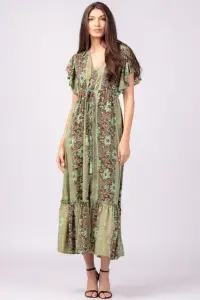 Rochie lunga cu volan si imprimeu floral, din matase indiana verde menta - maro