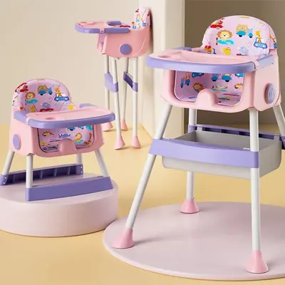 Scaun de masa pentru copii Little Mom Jungle Pink pliabil, transformabil 2 in 1, cu tavita dubla reglabila in 3 pozitii, cos de depozitare, dimensiune 66 x 62 x 87 cm