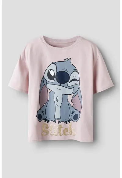 Tricou din amestec de bumbac cu imprimeu Stitch - Roz pal/Albastru deschis