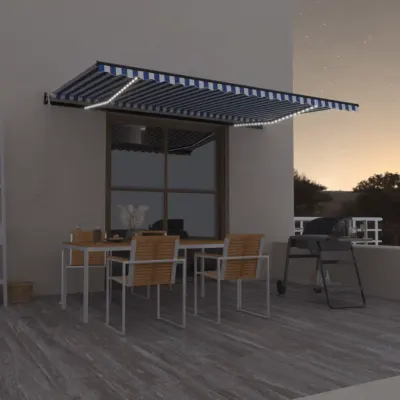 vidaXL Copertină automată cu senzor vânt&LED, albastru/alb 500x300 cm