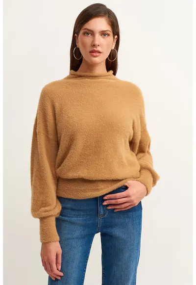 Pulover cu aspect pufos - Maro camel