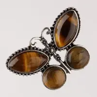 Brosa metalica argintie fluture cu pietre naturale din ochi de tigru