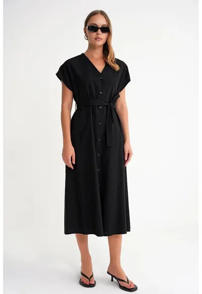 Rochie tip camasa - cu curea - negru - fabricat din material de calitate