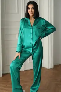 Set pijama dama din doua piese, cu nasturi – 2301490, Verde