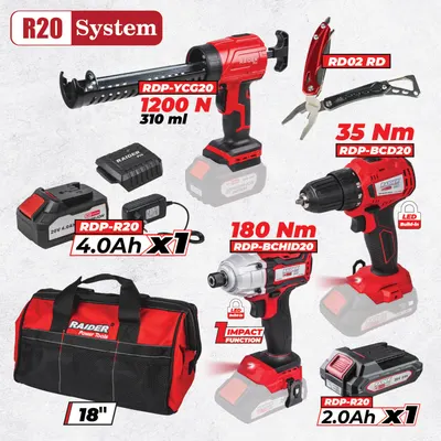 Set de scule și accesorii Raider - R20, 3 mașini, 20V