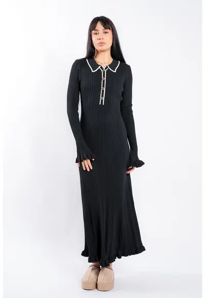 Rochie midi Black cu guler contrastant - Negru