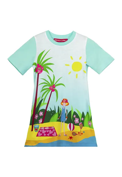 Rochie din bumbac cu croiala dreapta si imprimeu - Verde - Galben - Albastru aquamarin
