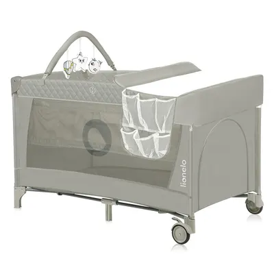 Patut pliant, Lionelo, Flower, Cu doua nivele, Cu arcada, Geanta transport, Masuta de infasat, Bara cu jucarii, Fereastra laterala, 120x60 cm, Conform cu standardele europeane de securitate EN 716 si EN12221, Cappuccino
