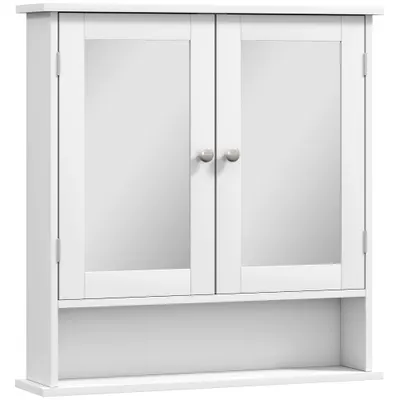 kleankin Dulap Suspendat pentru Baie cu 2 Uși cu Oglindă și Raft Deschis, Raft Interior Reglabil, Mânere Metalice, 56x13x58 cm, Alb | Aosom Romania