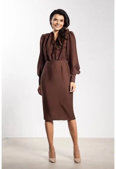 Rochie midi A735 - maneci lungi bufante - maro - rayon|nylon