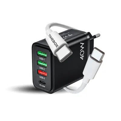 Incarcator Retea Timebox, 40W, 4 Porturi, 1 x Type-C si 3 x USB-A, Alb - Default Title
