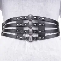 Centura neagra lata din piele ecologica cu tinte si cercuri metalice
