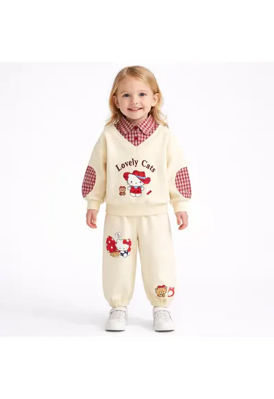 Compleu Crem Fetite Bluza Rosie si Pantaloni cu Hello Kitty