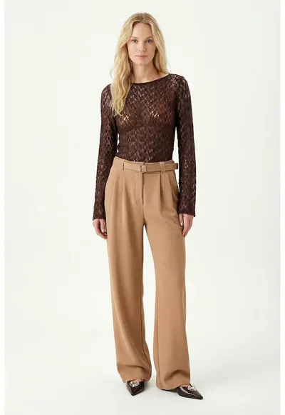 Pantaloni dama Happiness Istanbul - talie inalta - bej - poliester