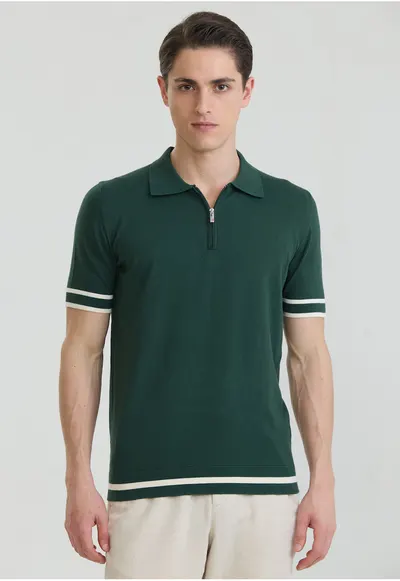 Tricou polo de bumbac cu fenta cu fermoar - Alb/Verde englez