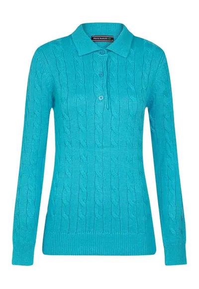 Pulover polo cu model torsade - Turcoaz