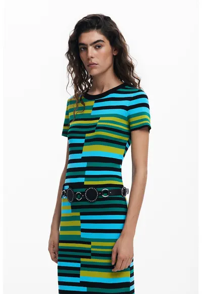 Rochie cambrata cu model in dungi - Verde/Galben/Albastru