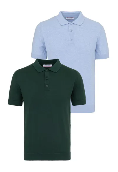 Set de tricouri din bumbac cu guler polo - 2 piese - Albastru pastel/Verde inchis