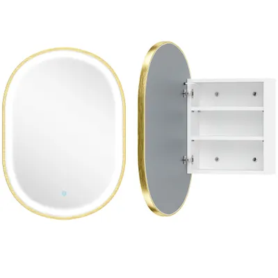 HOMCOM Dulap de Baie cu Oglindă și Lumini LED de 3 Culori Dulap de Perete Oval cu Funcție Memorie și Antiaburire Auriu | Aosom Romania