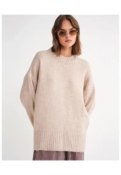 Pulovere dama - pulover supradimensionat - bej natural - textil