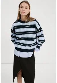Pulover cu decolteu rotund si model in dungi - Alb/Bleumarin