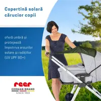 Copertina solara pentru carucior, protectie UV UPF 80+, parasolar universal reglabil, protectie vant si ploaie usoara, prindere elastica universala, montare rapida,Reer ShineSafe verde